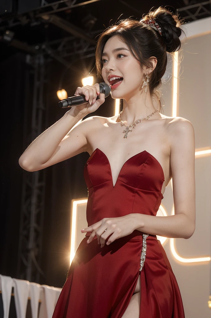 (((best quality))),(((ultra detailed))),(((masterpiece))),illustration, 1girl,singer,solo,short ponytail,open mouth,laughing,slim,thin,flat chest,small breasts,earrings,necklace,Maxi gorgeous sparkled red gown,slender legs,on the stage, performance, passion, confidence, elegance, lighting effects, decorations, audience, melodious voice, beautiful appearance, captivating performance,standing,upper body,from front