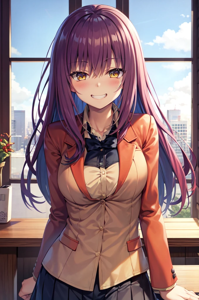 Masterpiece, best quality, highres, upper body, close up, detailed eyes, red hair, yellow eyes, long hair, blush, white jacket, hoodie, large breaast, ((hair down)), very long hair, grin, table, indoors, windows, sky
