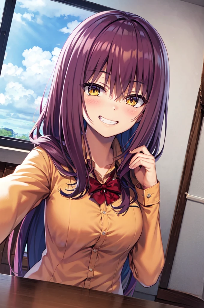 Masterpiece, best quality, highres, upper body, close up, detailed eyes, red hair, yellow eyes, long hair, blush, white jacket, hoodie, large breaast, ((hair down)), very long hair, grin, table, indoors, windows, sky
