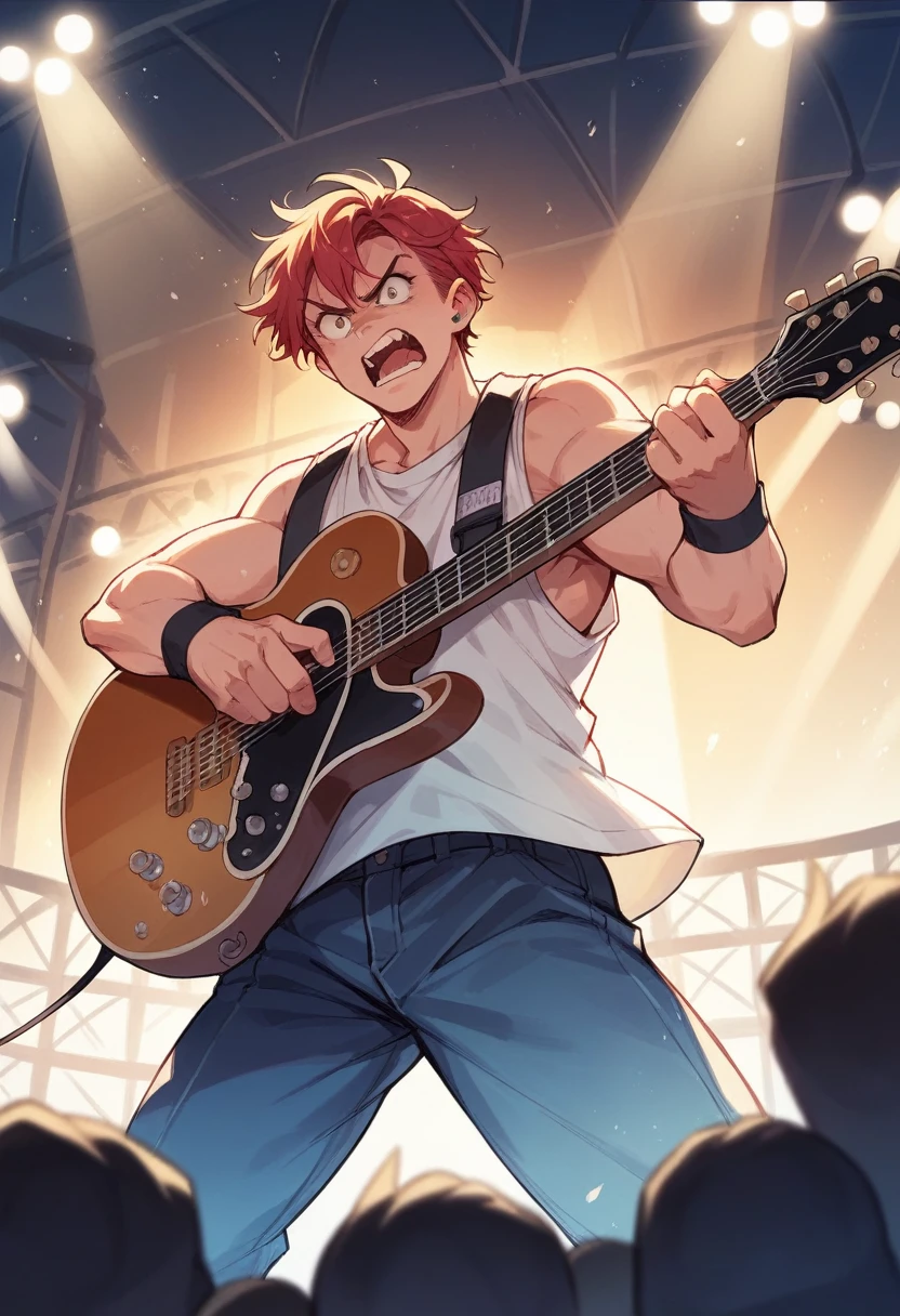 AhOn a stage doing a live concert in front of a large audience in a stadium playing gibson  lespaul guitar making power stance and singing with an angry facial expression. Face Front Full bodyshot camera angle