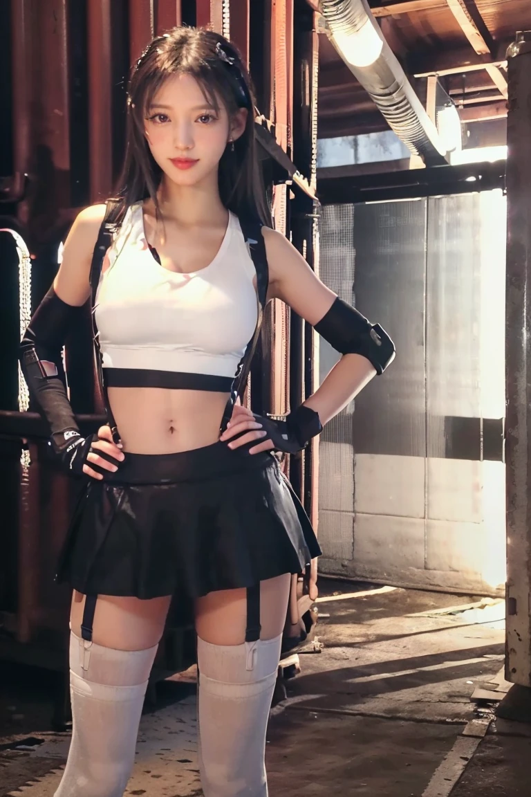 (8K、RAW Photos、Highest quality、masterpiece:1.2)、(Realistic、Realistic)、1 Girl、((White tank top、Arm Covers、gloves、Knee socks、garter belt、boots、Black mini skirt、belly button、underground warehouse、Stand with hands on hips))、