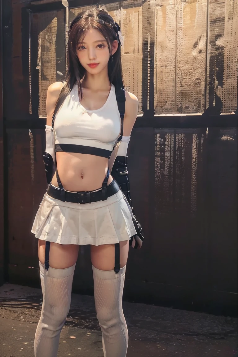 (8K、RAW Photos、Highest quality、masterpiece:1.2)、(Realistic、Realistic)、1 Girl、((White tank top、Arm Covers、gloves、Knee socks、garter belt、boots、Black mini skirt、belly button、underground warehouse、Stand with hands on hips))、