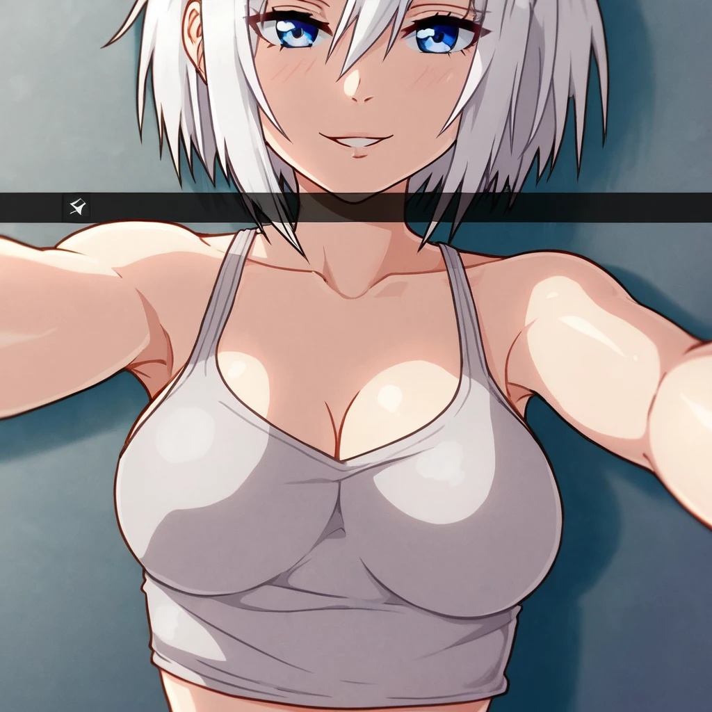 NSFW, white hair, blue eyes, medium straight hair, medium breasts, solo, half-naked, selfie, seductive, KyoAni