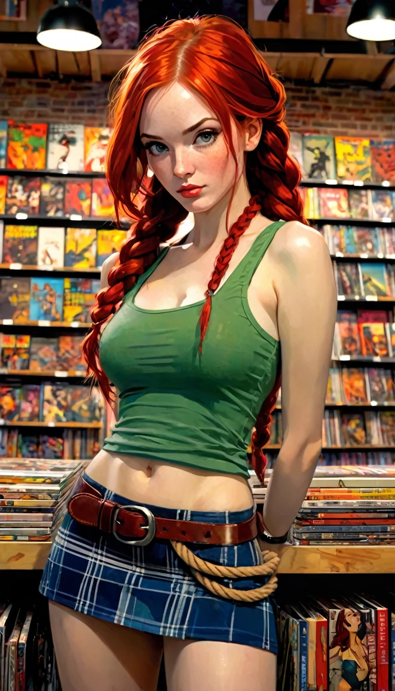 a photorealistic portrait of a girl with long, vibrant red hair in a braided hairstyle, wearing a plaid miniskirt, a rope belt, and a tight tank top that accentuates her pronounced nipples, standing in a comic book store, (art inspired by Bill Sienkiewicz), highly detailed, oil painting, (best quality,4k,8k,highres,masterpiece:1.2),ultra-detailed,(realistic,photorealistic,photo-realistic:1.37),HDR,UHD,studio lighting,ultra-fine painting,sharp focus,physically-based rendering,extreme detail description,professional,vivid colors,bokeh