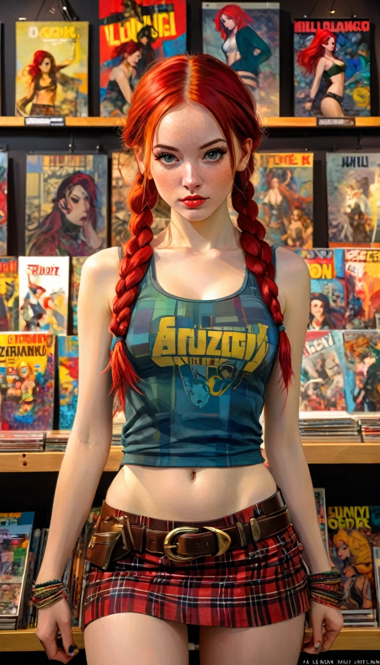 a photorealistic portrait of a girl with long, vibrant red hair in a braided hairstyle, wearing a plaid miniskirt, a rope belt, and a tight tank top that accentuates her pronounced nipples, standing in a comic book store, (art inspired by Bill Sienkiewicz), highly detailed, oil painting, (best quality,4k,8k,highres,masterpiece:1.2),ultra-detailed,(realistic,photorealistic,photo-realistic:1.37),HDR,UHD,studio lighting,ultra-fine painting,sharp focus,physically-based rendering,extreme detail description,professional,vivid colors,bokeh