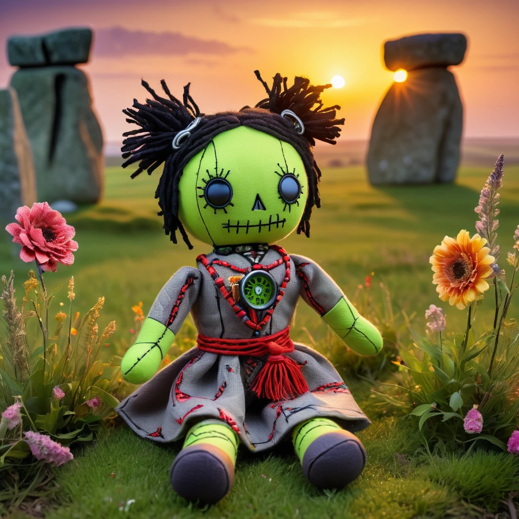 (knitted toy voodoo doll:1.7), (Voodoo doll:1.3), (Clothing: Casual rural outfit with stone patterns:1.0), (Accessories: Enchanted binoculars that emit green light:1.1), (Background: Historical Stonehenge with floating flowers, glowing stones and sparkling sunrise:1.2), best quality, masterpiece, detailed soft oil painting, detailed background, dramatic cinematic lighting, soft edge lighting, professional, dramatic lighting, hard edge lighting, ultra quality, 4k, masterpiece, best quality, 8k, ultra high definition, high resolution, extremely detailed