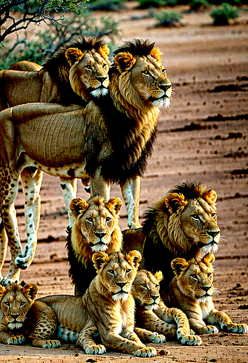 Lion family, three lion cubs and a lioness