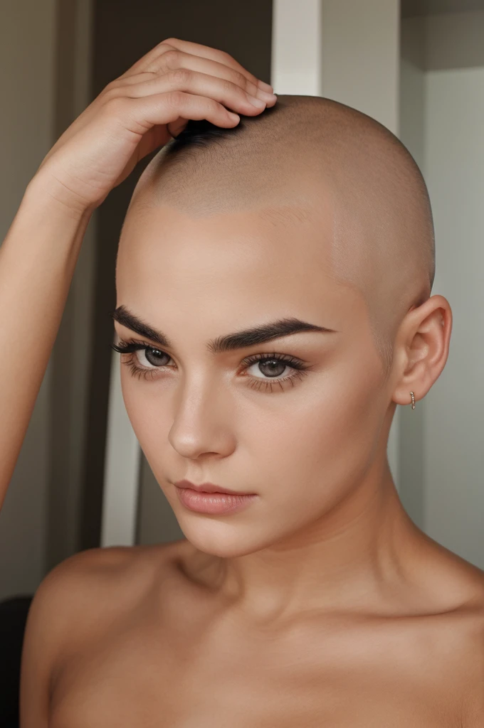 Girl with clipper and shave her head in anger with eyebrow and body 