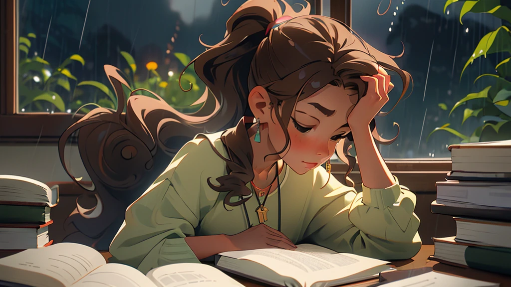 (masterpiece, best quality), "A large open field with a tiny 1 woman in the bottom corner"
, wavy hair, side view, blurry, upper body, necklace, desk, book, ponytail, , brown hair, rainy window, 