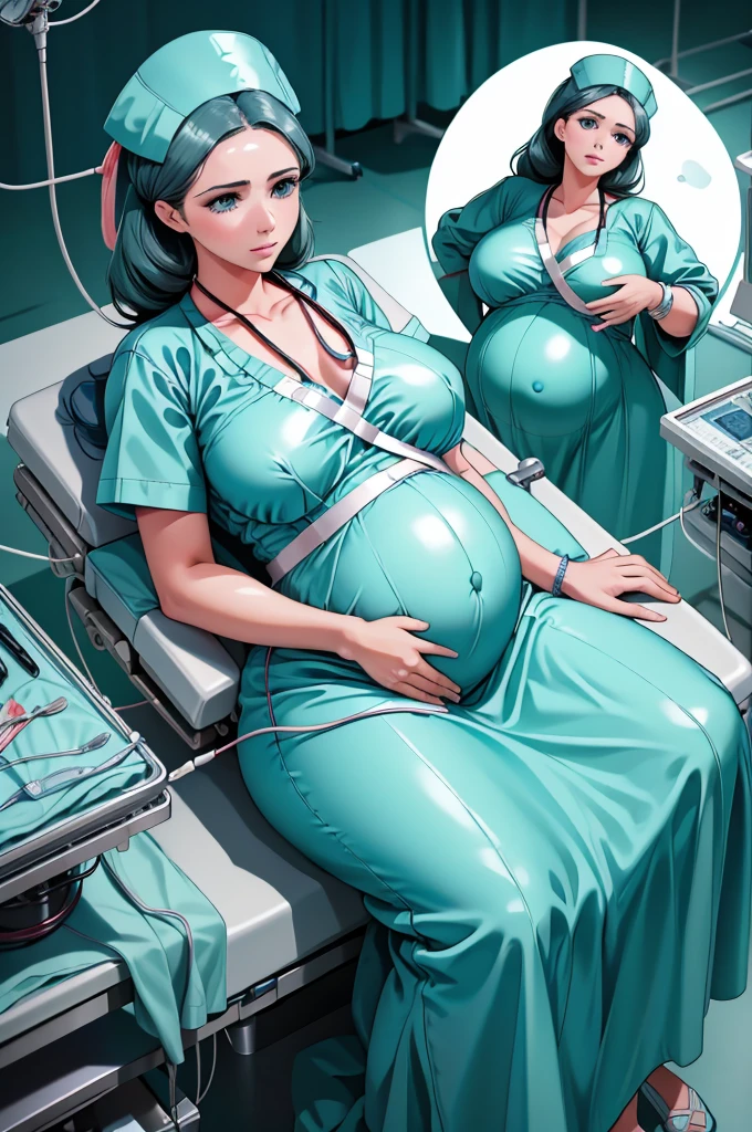 (give a score of 9_give a score of 8_give a score of 7)
Masterpiece, highest quality, best quality, view from top down,
in one hospital, 1 pregnant woman,approximately 38 years old, 9 months pregnant, surgical cap, the face looked pained, frown, close your eyes, lying on the operating table, lie on your back, Lying with arms spread out, spread your arms, on the operating bed, in the operating room, a blanket covered her large breasts, another blanket covered her long slender legs, close the chest, close the legs, open belly, show all your belly, seeing the navel, her pregnant belly was visible, the picture shows the situation in the operating room on the operating bed undergoing a cesarean section,