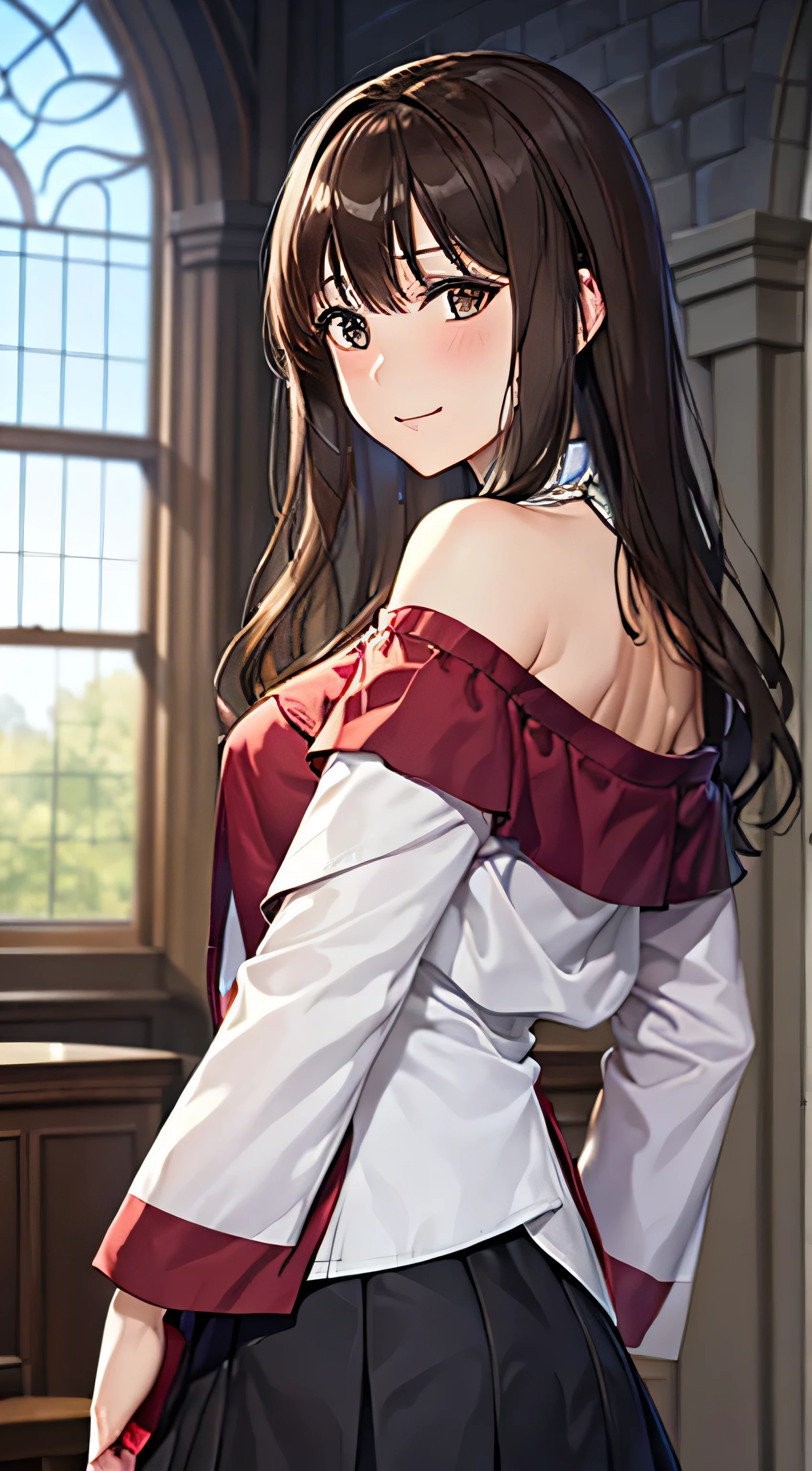 ((Tabletop, Highest quality, High resolution, , Pixel Perfect, 4K,))), 1 female, 、The whole body is visible、 ((Long Wavy Hair, bangs, Brown Hair)), ((Brown eyes, Beautiful eyelashes, Realistic eyes)), ((Detailed face, Blushing:1.2)), ((Smooth texture:0.75, Realistic texture:0.65, Realistic:1.1, Anime CG Style)), Medium sized breasts, Dynamic Angle, Perfect body, (( , , Beautiful Priest、、 Priest off-shoulder jacket、Pleat Long Flare Skirt、、)), Gold Hair Ornament、Cross Necklace、、Very embarrassing panic smile, 、Gorgeous church basilica、、、、Hold a big Bible、、、、Lace panties are visible、Bring your arms together、Stick your butt out、、、 、Angle from below)、