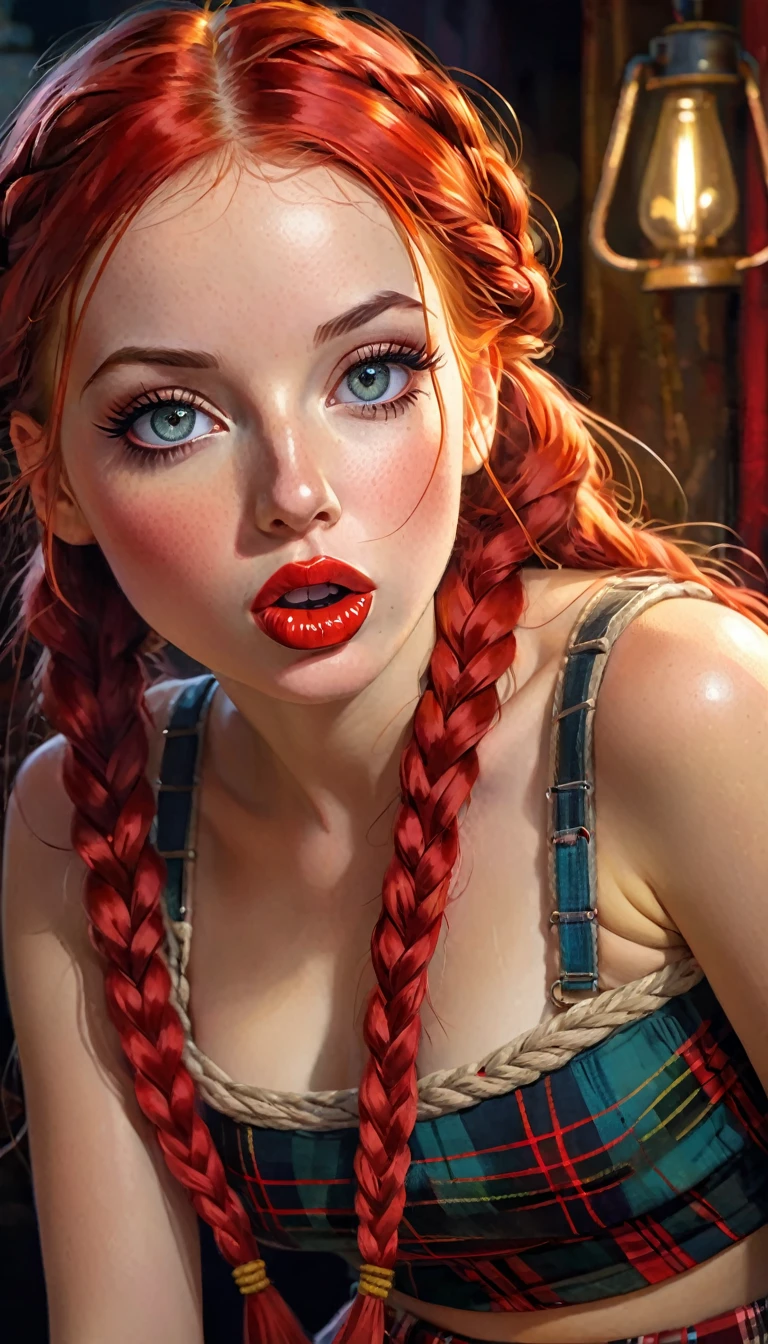 a beautiful girl with long braided red hair, wearing a plaid miniskirt, rope belt, and tight tank top with pronounced nipples, seductively sucking on a red licorice while gazing alluringly at the viewer, in the style of Bill Sienkiewicz, (best quality,4k,8k,highres,masterpiece:1.2),ultra-detailed,(realistic,photorealistic,photo-realistic:1.37),detailed eyes,detailed lips,extremely detailed face,long eyelashes,realistic skin,vivid colors,studio lighting,professional digital painting,concept art
