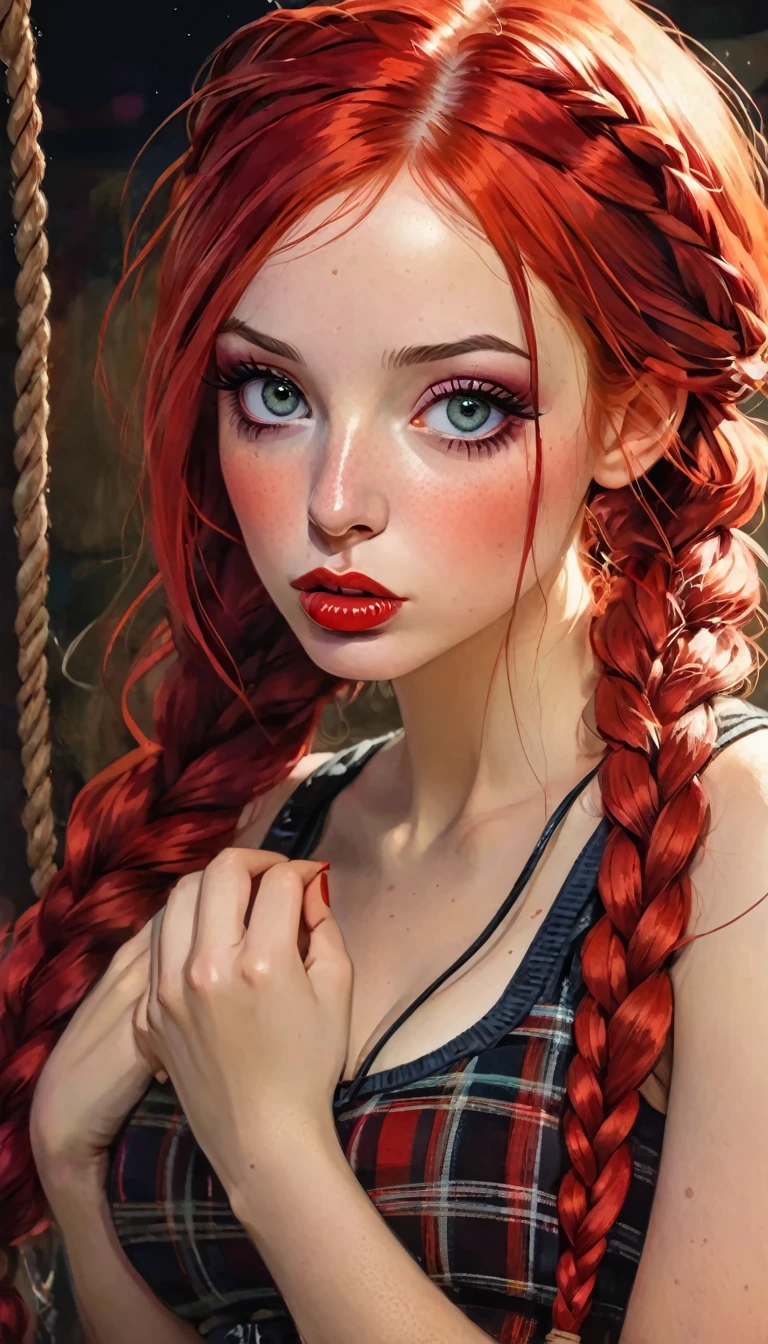 a beautiful girl with long braided red hair, wearing a plaid miniskirt, rope belt, and tight tank top with pronounced nipples, seductively sucking on a red licorice while gazing alluringly at the viewer, in the style of Bill Sienkiewicz, (best quality,4k,8k,highres,masterpiece:1.2),ultra-detailed,(realistic,photorealistic,photo-realistic:1.37),detailed eyes,detailed lips,extremely detailed face,long eyelashes,realistic skin,vivid colors,studio lighting,professional digital painting,concept art