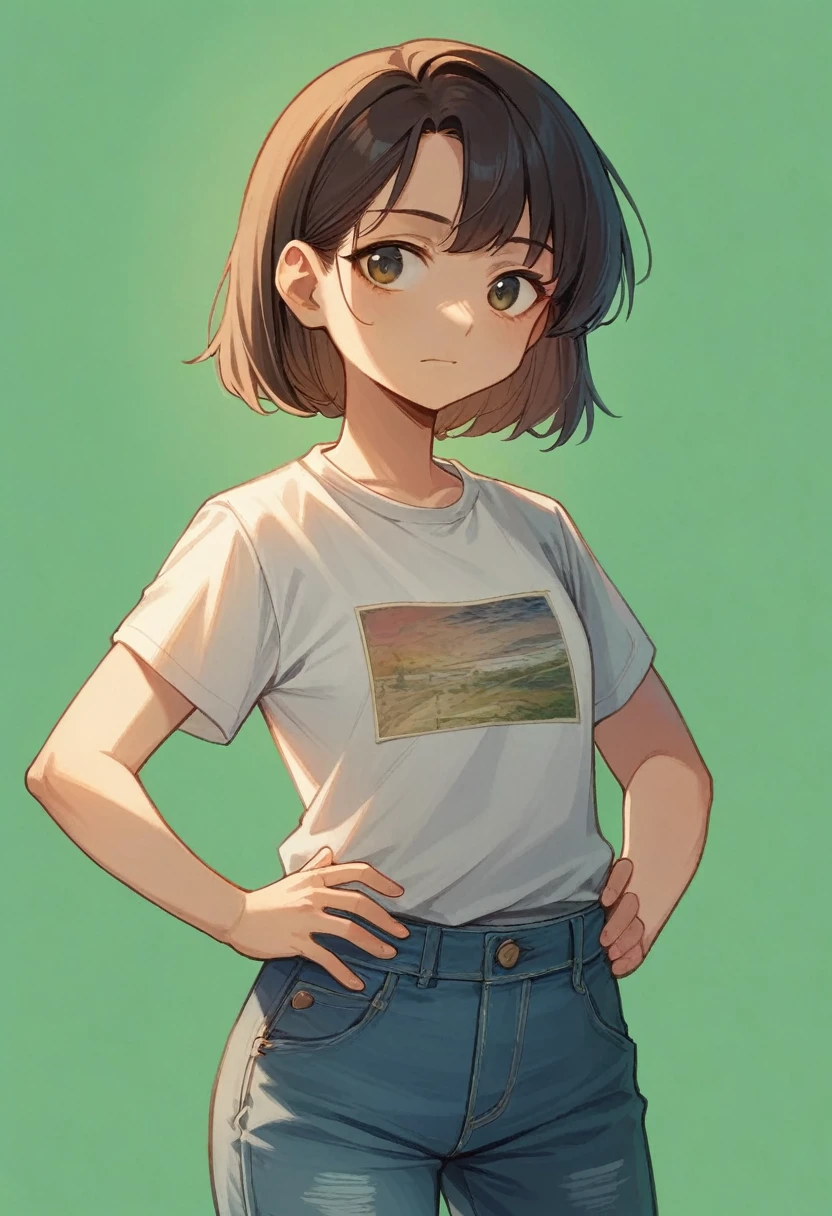 best quality, masterpiece, Upper Body, Miss, Normal proportion,Looking straight at the camera,Akimbo,Brown medium-length hair,White T-shirt,Denim work pants,confidence,Green Background,Medium shot,Game texture,lifelike,4K