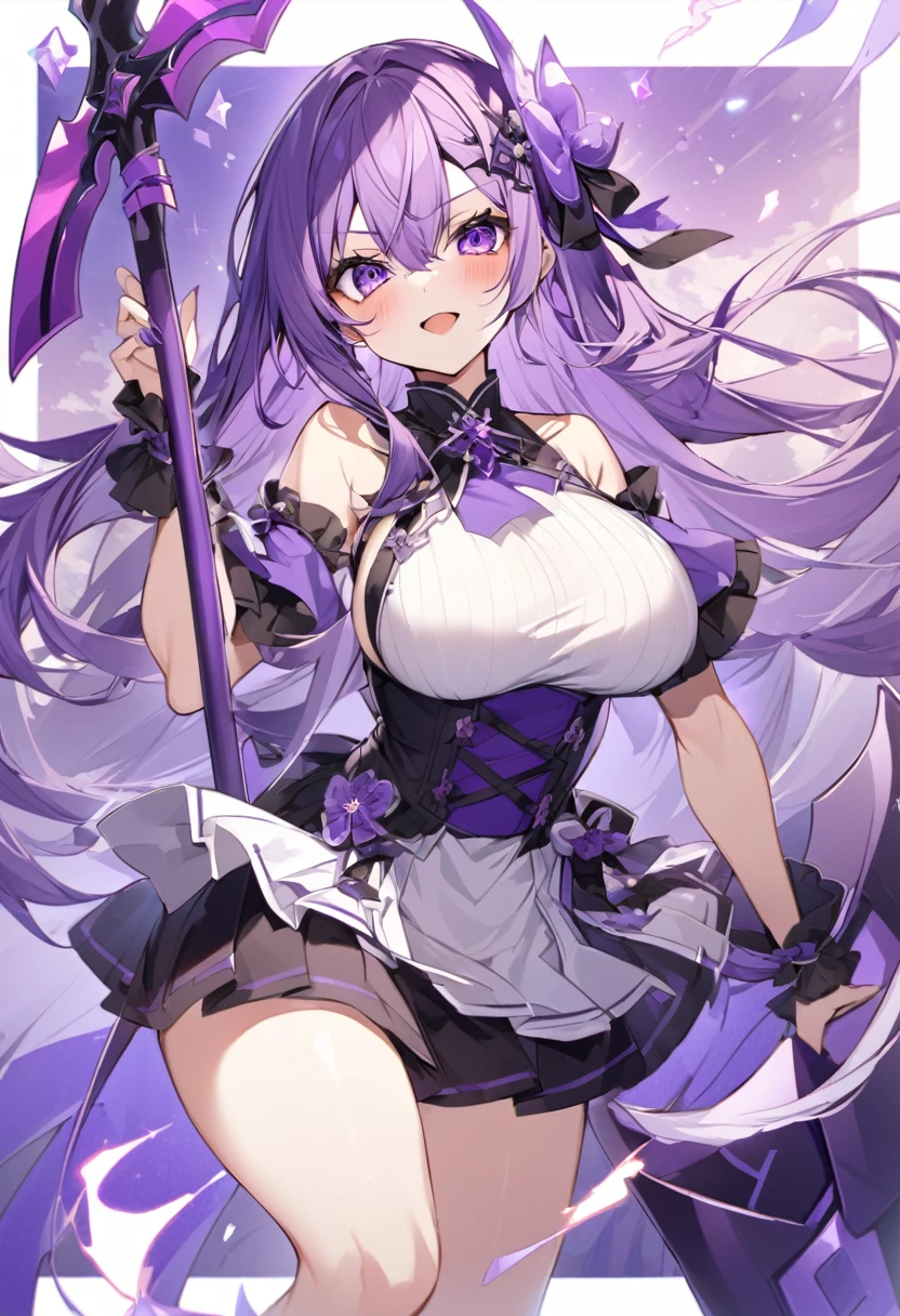Keito。Purple Eyes。Purple Hair。Purple big axe。Amethyst hair accessory。Big Breasts。