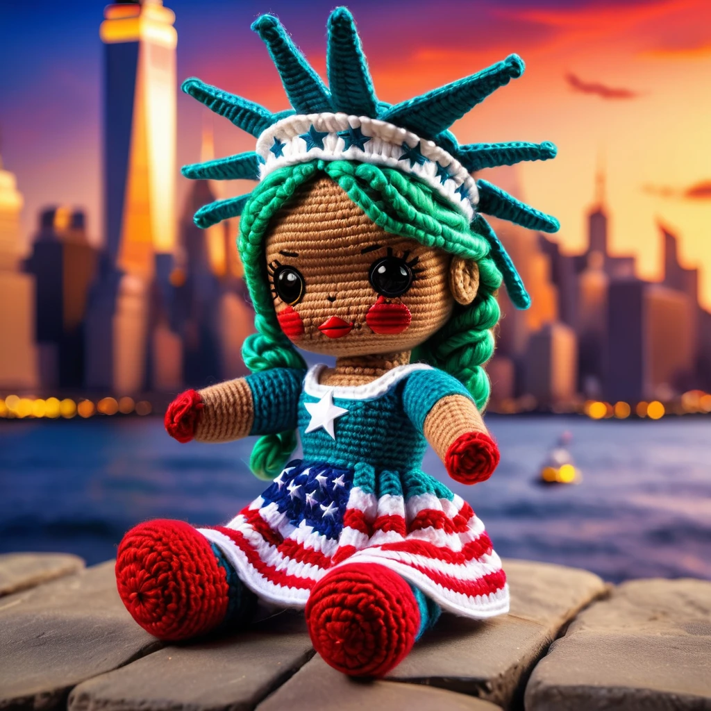 (voodoo doll crochet toy:1.0), (voodoo American doll:1.3), (clothing: casual american clothing:1.0), (accessories: enchanted flag:1.1), (background: iconic Statue of Liberty with floating stars, glowing skyline and sparkling harbor:1.2), best quality, masterpiece, detailed soft oil painting, detailed background, dramatic cinematic lighting, soft edge lighting, professional, dramatic lighting, hard edge lighting, ultra quality, 4k, masterpiece, best quality, 8k, ultra high definition, high resolution, extremely detailed