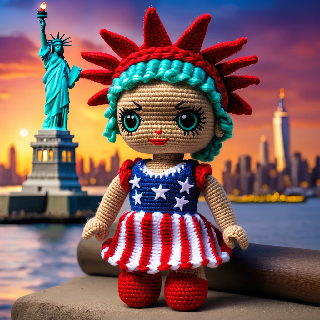 (voodoo doll crochet toy:1.0), (voodoo American doll:1.3), (clothing: casual american clothing:1.0), (accessories: enchanted flag:1.1), (background: iconic Statue of Liberty with floating stars, glowing skyline and sparkling harbor:1.2), best quality, masterpiece, detailed soft oil painting, detailed background, dramatic cinematic lighting, soft edge lighting, professional, dramatic lighting, hard edge lighting, ultra quality, 4k, masterpiece, best quality, 8k, ultra high definition, high resolution, extremely detailed