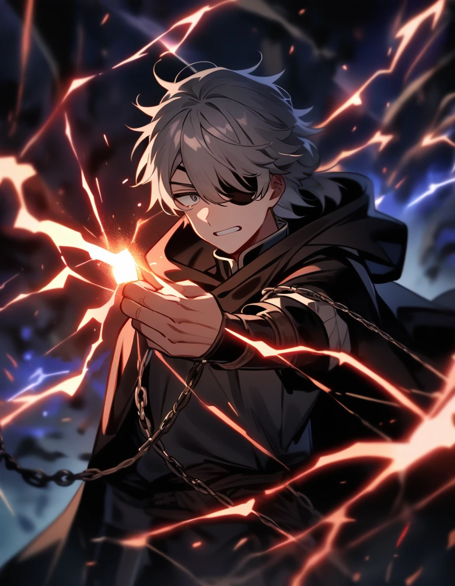 Anime character, a man, medieval era. Young man, 20 years old, large body, cold gaze, white teeth, messy short gray hair, ponytail, left eye patch, black clothes, dark cape with hood, chains. front camera, advancing in a sea of blood. white electricity overflowing all over his body, black electricity in his left hand. Right eye shining in a white ray. Thunderous red lightning