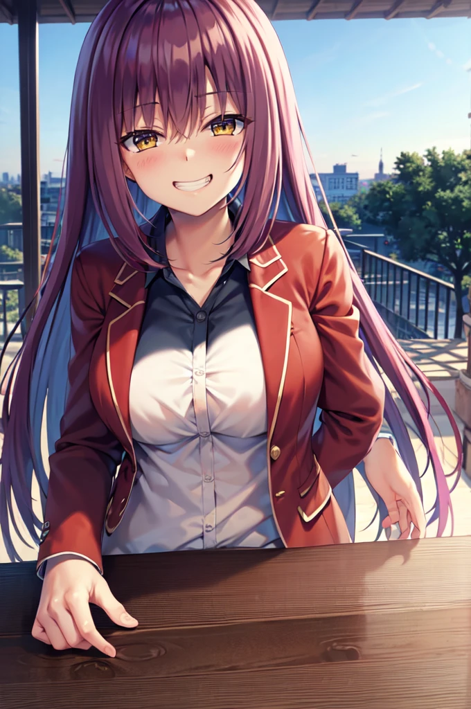 Masterpiece, best quality, highres, upper body, close up, detailed eyes, red hair, yellow eyes, long hair, blush, white hoodie, large breaast, ((hair down)), very long hair, grin, table, indoors, windows, sky