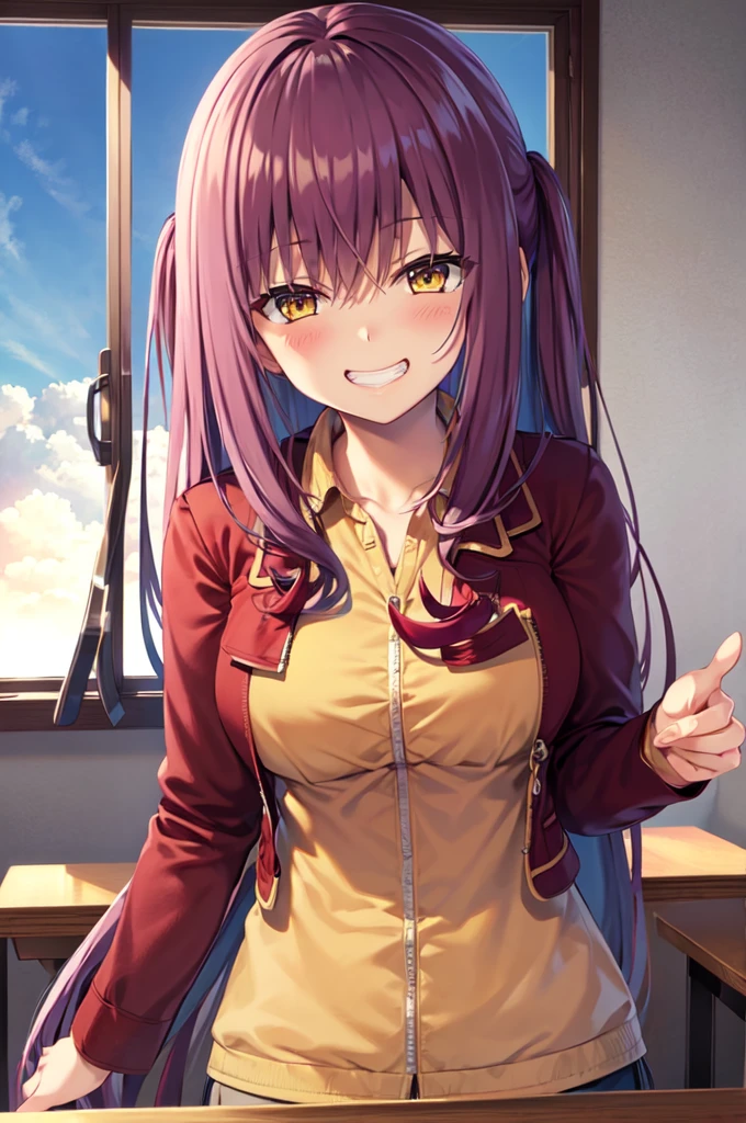 Masterpiece, best quality, highres, upper body, close up, detailed eyes, red hair, yellow eyes, long hair, blush, white hoodie, large breaast, ((hair down)), very long hair, grin, table, indoors, windows, sky
