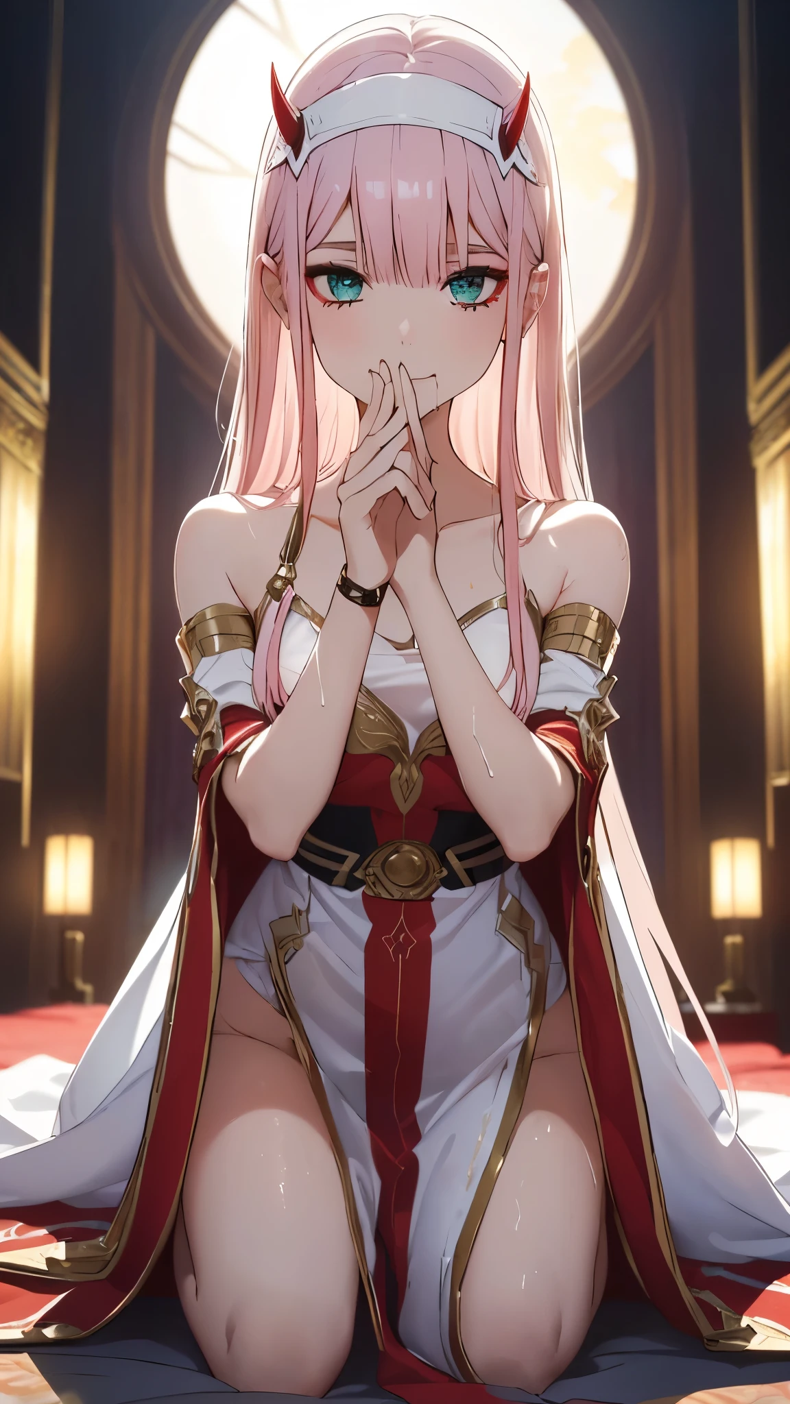 top-quality、Top image quality、masterpiece、girl with((18year old、 White underwear、Best Bust、Bust 85、a blond、Semi-long、green eyes、one piece dress、Valley、Happiness、Black wristband on wrist、A slende body is wet、wetting hair、Naughty face、On all fours、on the beds、Get closer to your audience))hiquality、Camera Film Style、Background with((Beautiful room at night))、masterpiece、cool style、Elaborate design、visualart, zerotwo, coming towards viewer, one long shoulder dress