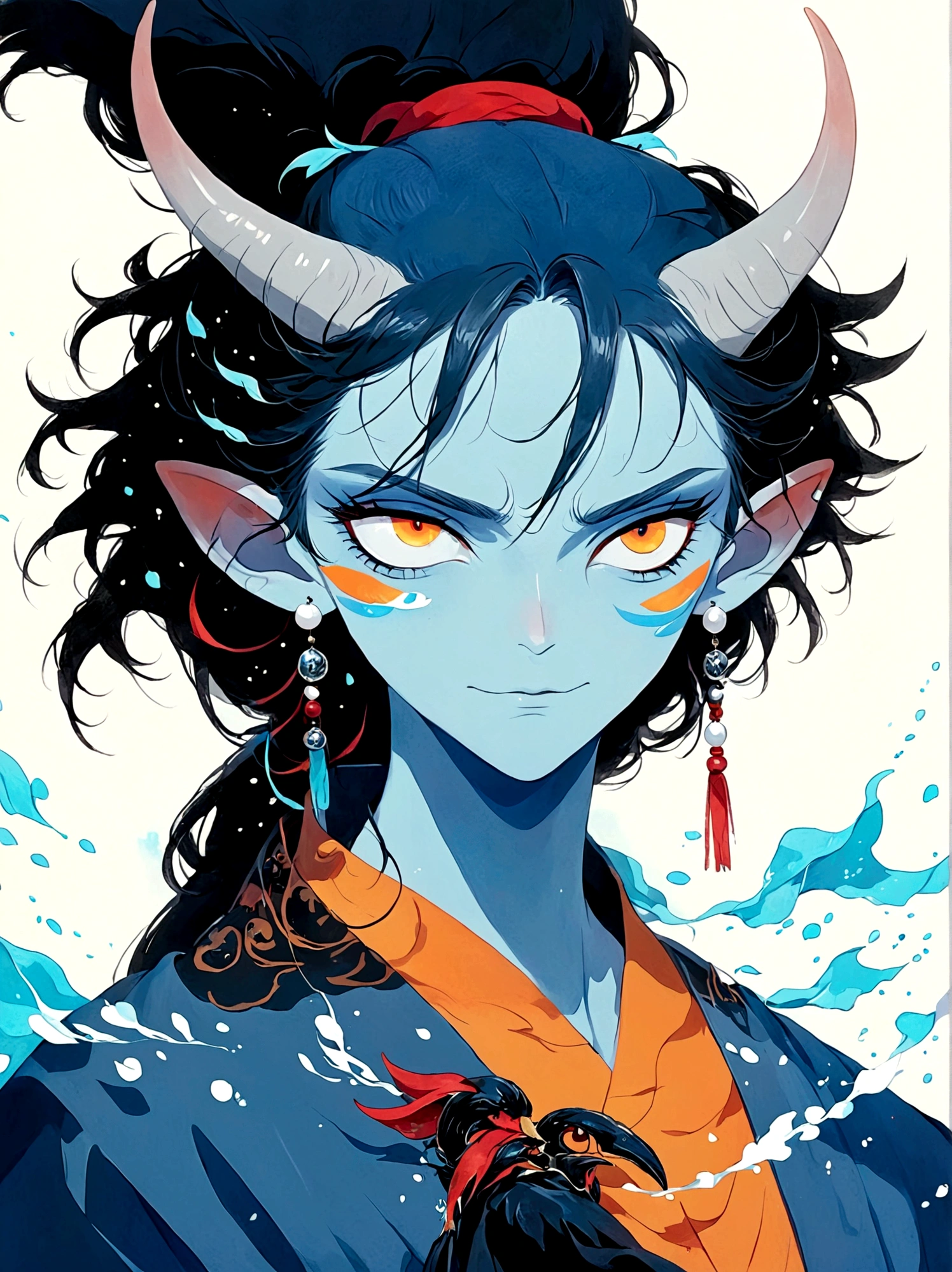 Blue Elf Boy,Orange eyes,High Ponytail,With horns,Japanese clothing