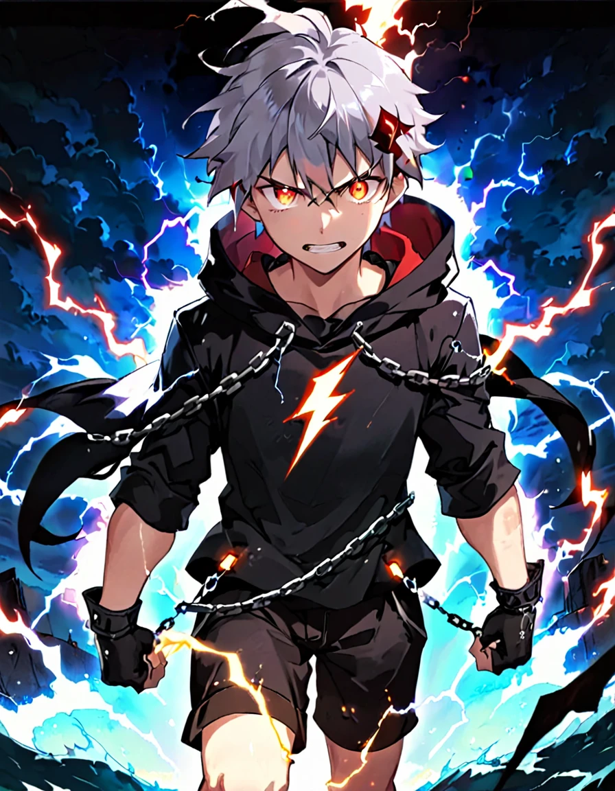 Anime character, a man, medieval era. Young man, 20 years old, large body, cold gaze, white teeth, messy short gray hair, ponytail, left eye patch, black clothes, dark cape with hood, chains. front camera, advancing in a sea of ​​blood. white electricity overflowing all over his body, black electricity in his left hand. Right eye shining in a white ray. Thunderous red lightning