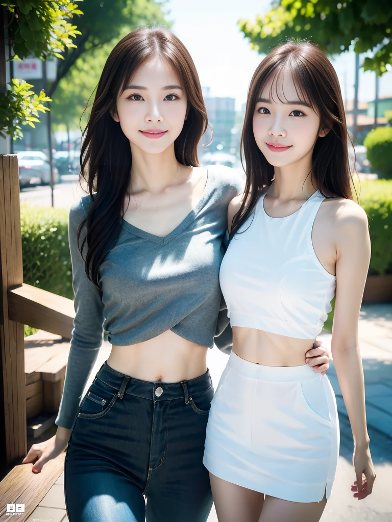 (8k, RAW photo, top quality, masterpiece: 1.2), (realistic, photorealistic: 1.37), ultra detail, ultra high resolution, pio apple, one girl, (smile: 1.2), beautiful detailed eyes, รายละเอียดใบหน้า, ใบหน้าเล็ก, ผิวหน้าสมจริง, floating hair, bangs, skin texture, narrow waist, slim waist, (curve: 0.4), belly buttons, legs, movie lighting, professional lighting, light face, park, with dog, walking, sideways