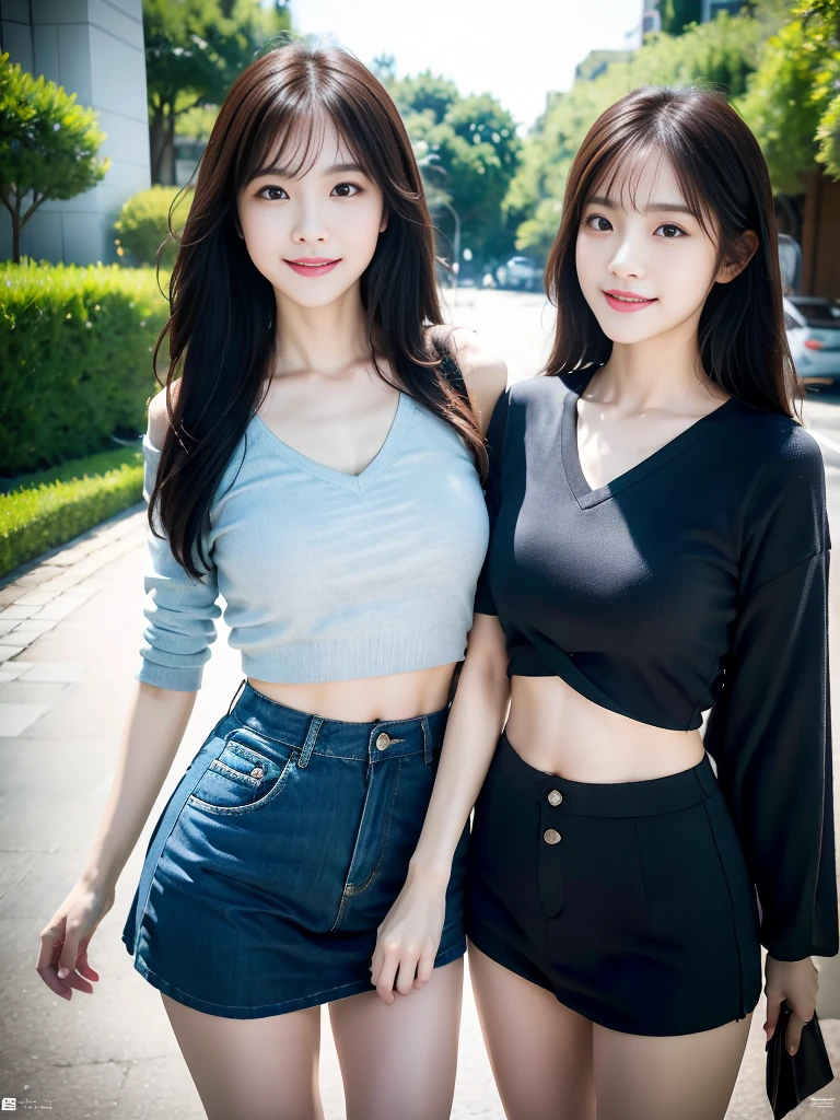 (8k, RAW photo, top quality, masterpiece: 1.2), (realistic, photorealistic: 1.37), ultra detail, ultra high resolution, pio apple, one girl, (smile: 1.2), beautiful detailed eyes, รายละเอียดใบหน้า, ใบหน้าเล็ก, ผิวหน้าสมจริง, floating hair, bangs, skin texture, narrow waist, slim waist, (curve: 0.4), belly buttons, legs, movie lighting, professional lighting, light face, park, with dog, walking, sideways