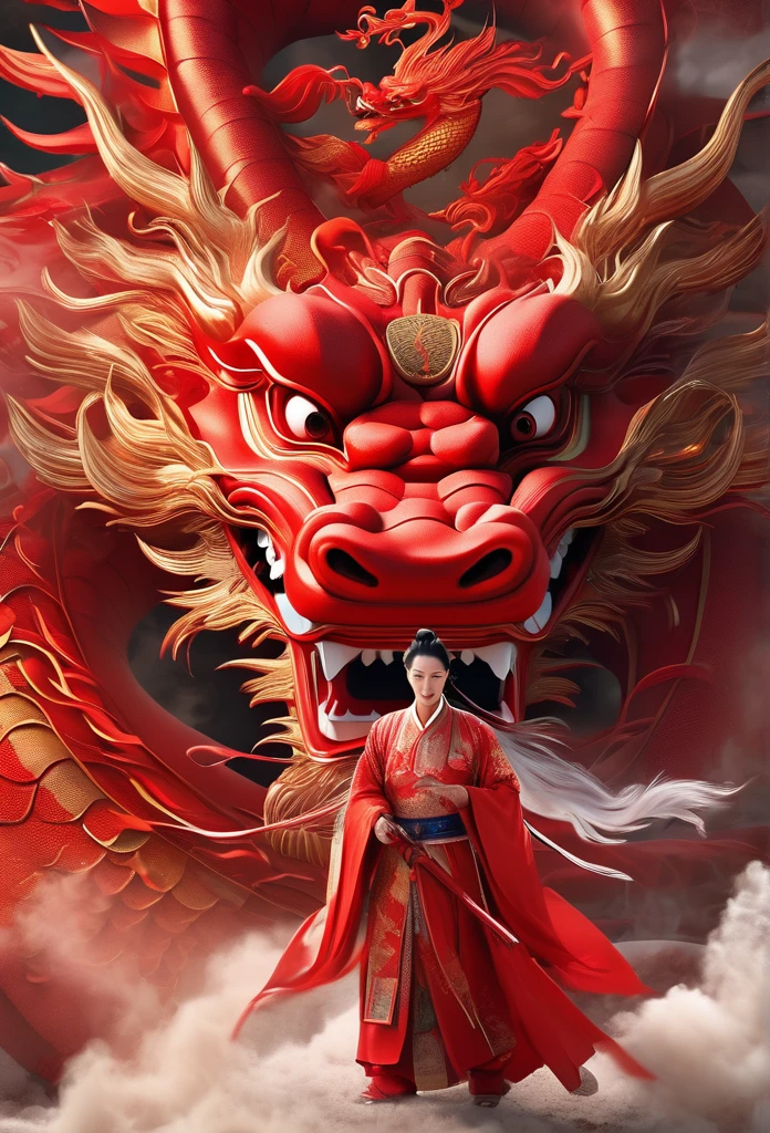 On the poster of a Chinese TV drama, there is a red Chinese dragon, very tame, calm mood, vibrant Chinese dragon style, oshare kei, uhd image, maggismo, photobashing, red, safflower elements, smoke covered in dreamlike and delicate details, 8k