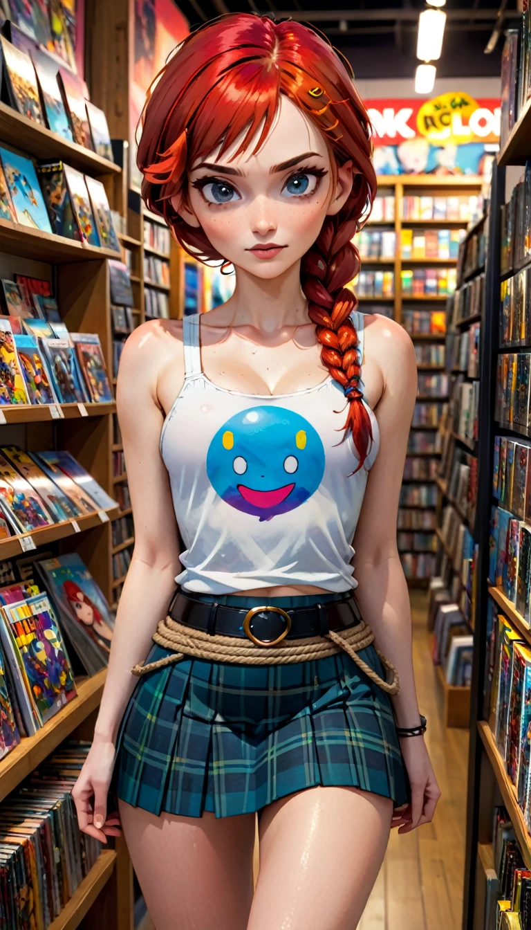a photorealistic portrait of a girl with long, vibrant red hair in a braided hairstyle, wearing a plaid miniskirt, a rope belt, and a tight tank top that accentuates her pronounced nipples, standing in a comic book store, (art inspired by Bill Sienkiewicz), highly detailed, oil painting, (best quality,4k,8k,highres,masterpiece:1.2),ultra-detailed,(realistic,photorealistic,photo-realistic:1.37),HDR,UHD,studio lighting,ultra-fine painting,sharp focus,physically-based rendering,extreme detail description,professional,vivid colors,bokeh
