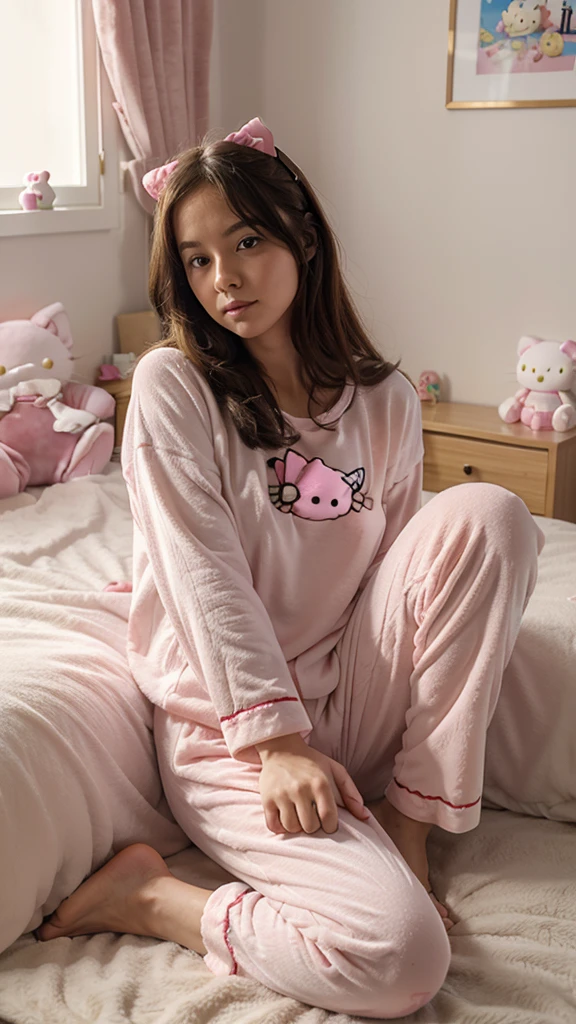 Hello Kitty pajamas sitting in her room with a stuffed animal