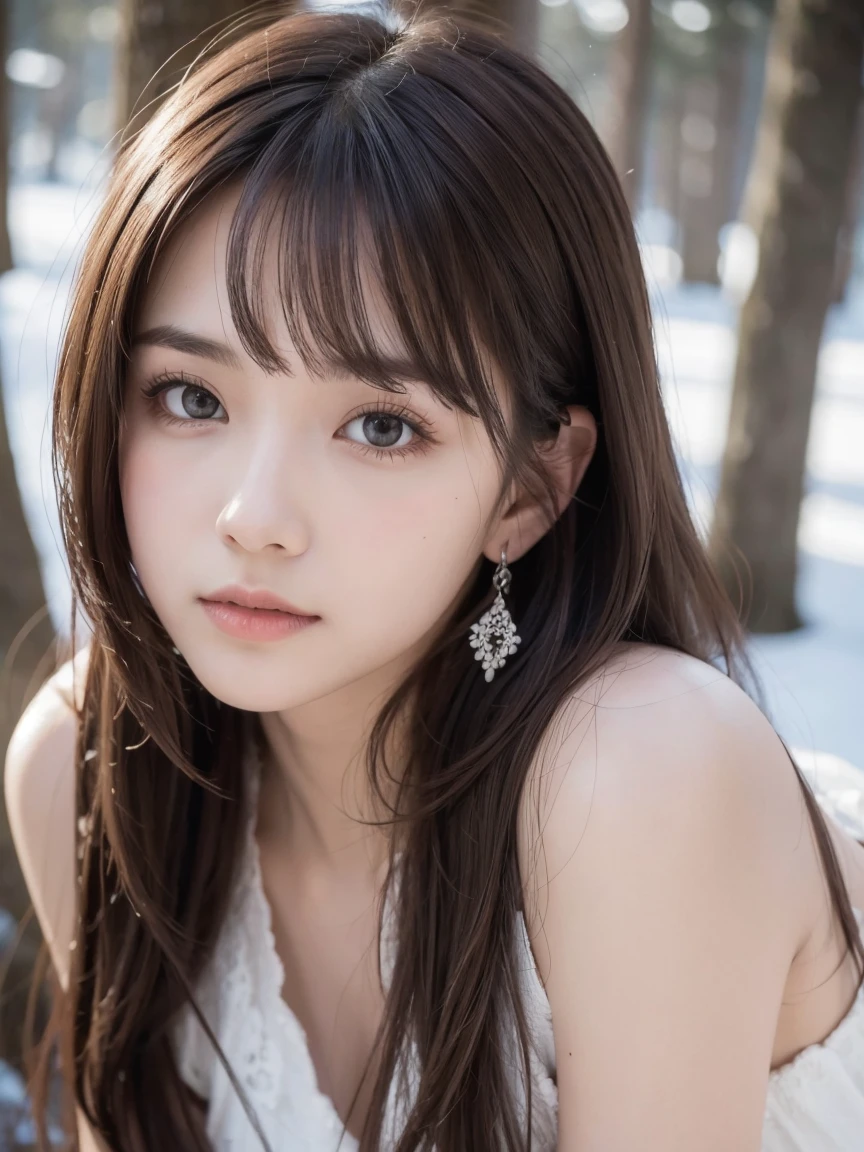long dress,dress, (Hit the knee), 1 Female, Close-up of face, Light brown hair, Blunt bangs, Hair behind the ear, Hair that falls over the shoulders, Long Hair, Slim figure, Ultra Fine Face, Thin face, Delicate lips, Beautiful Eyes, Light blush, eyes are light brown,Have a look at this, (Realistic:1.3), Snowy coniferous forest, It's snowing .First Person View, 8K, Tabletop, Hmph, Super detailed, high quality, 最high quality, High resolution,