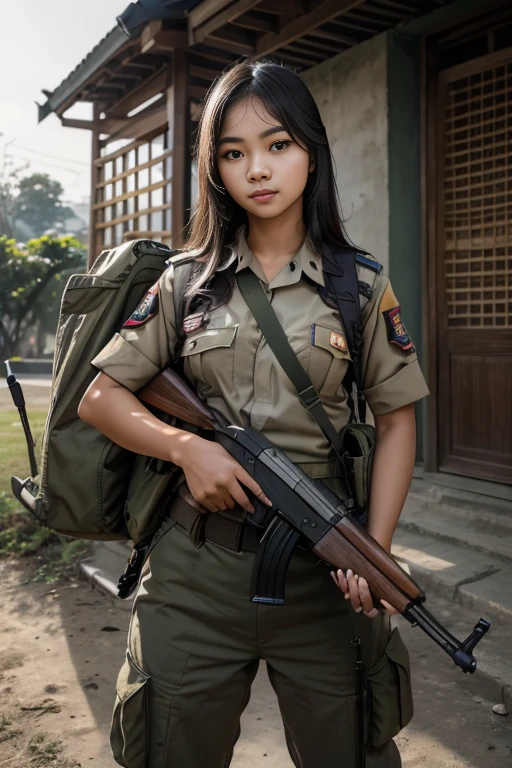 Masterpiece, beautiful 18 year old Indonesian woman in student uniform holding AK47 rifle, long hair, slim athletic body, detailed eyes, proud Indonesian female student, portrait of female student, female student portrait, beautiful female student, Indonesia, about a sniper girl in the war, holding a rifle AK47, holding a rifle, arms folded, portrait of a female city guard, standing in the middle of the city, view from below, portrait taken photo from below, by Arthur Sarkissian, face full of determination, with an AK47 rifle, with an AK47 rifle in hand, very high resolution .photorealistic: 1.4, UHD, beautiful city background,.