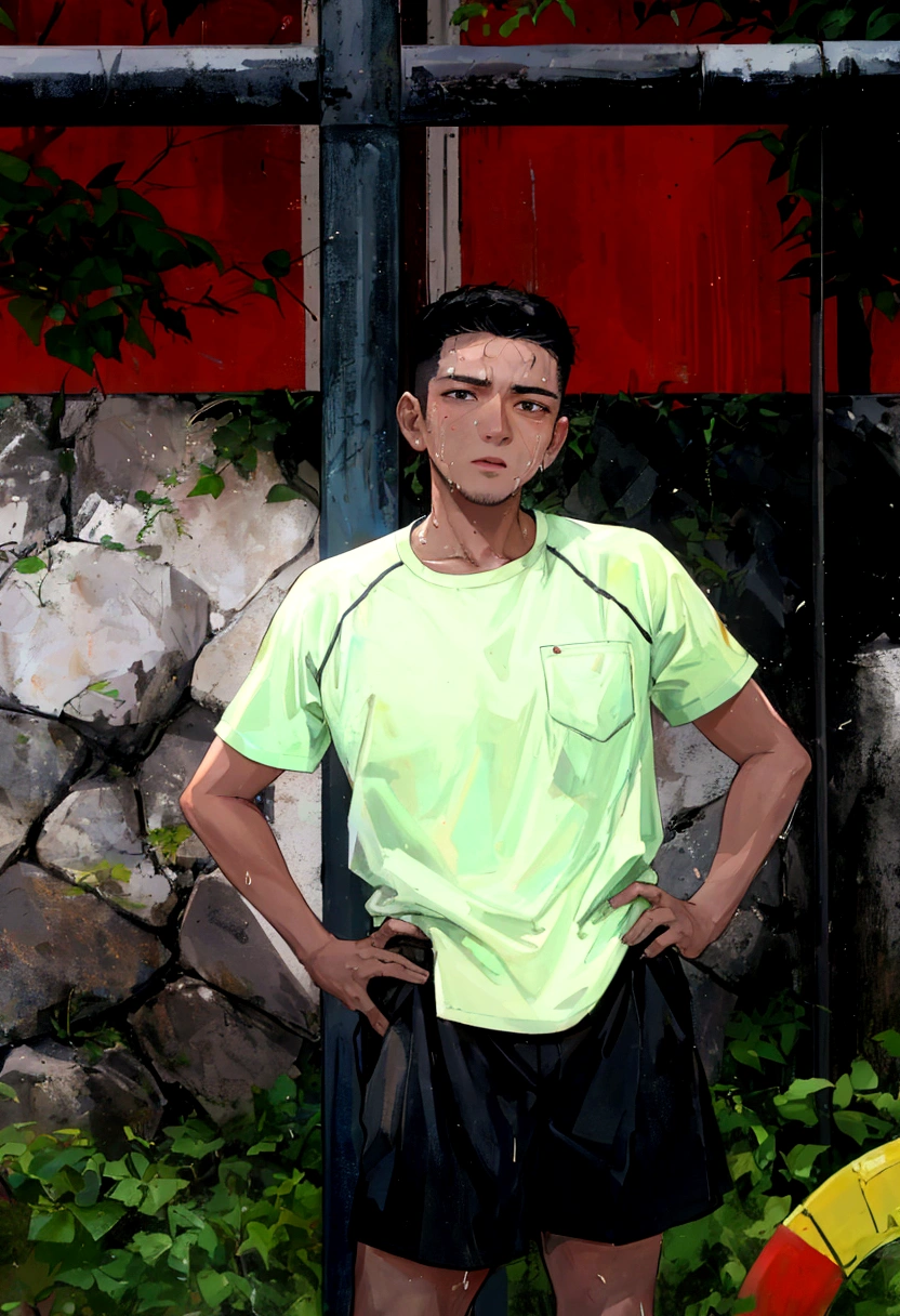 there is a young  man standing in front of a fence with his hands on his hips, ramil sunga, nivanh chanthara, mohamed chahin, mid shot portrait, johnatan wayshak, sweating, potrait, kakar cheung, protrait, profile shot, south east asian with round face, portait image, sweat