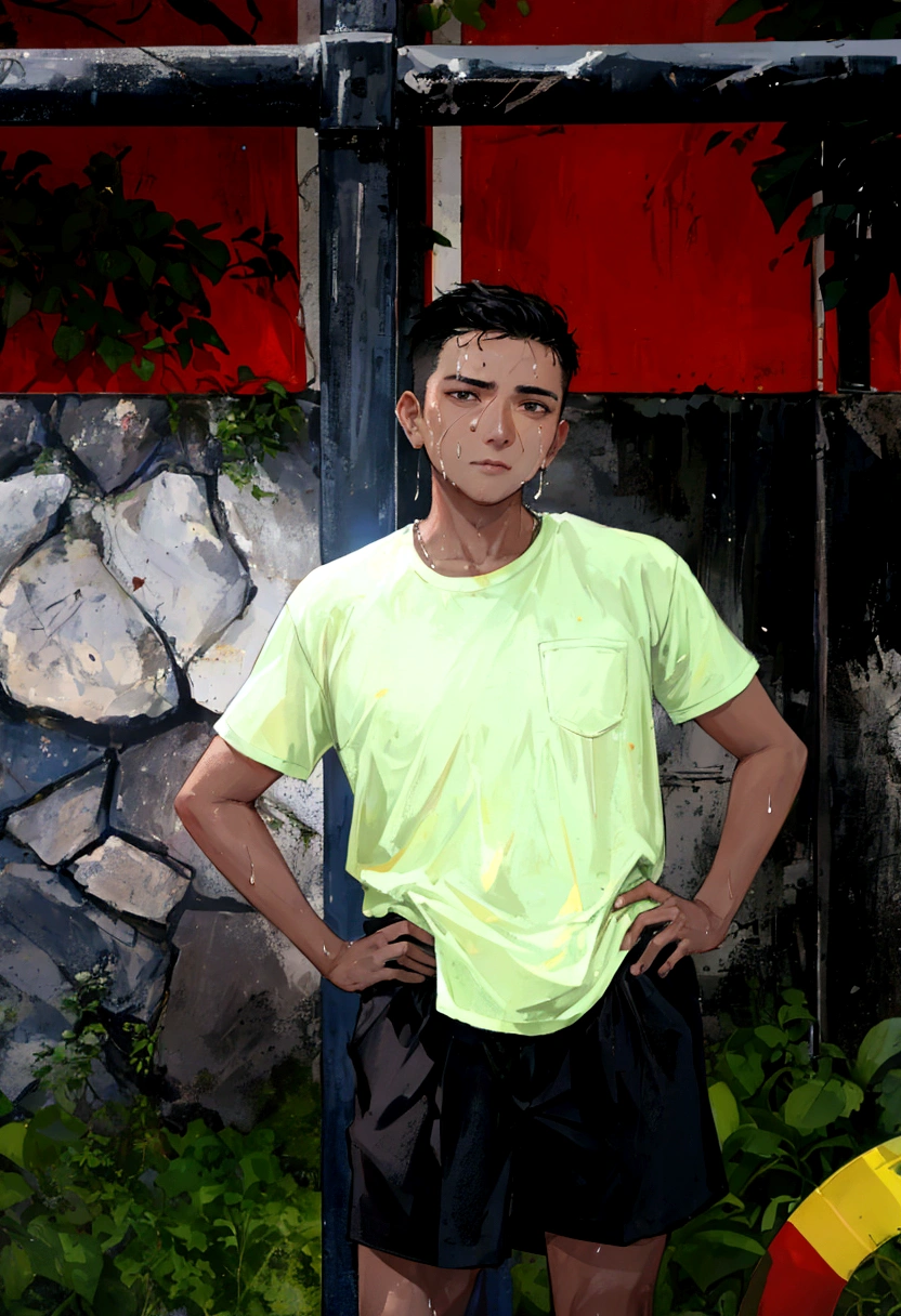 there is a young man standing in front of a fence with his hands on his hips, ramil sunga, nivanh chanthara, mohamed chahin, mid shot portrait, johnatan wayshak, sweating, potrait, kakar cheung, protrait, profile shot, south east asian with round face, portait image, sweat