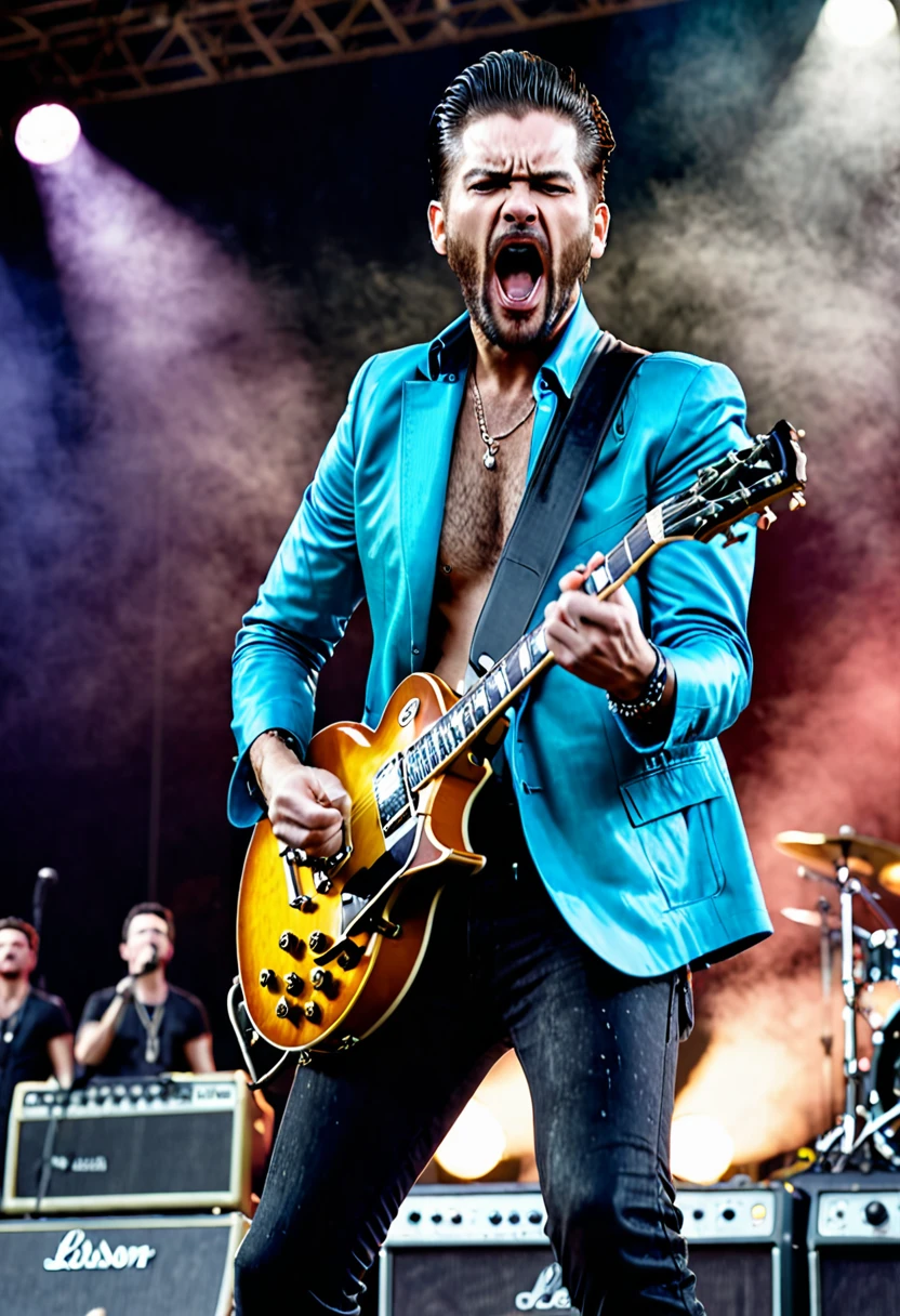 A handsome male On a stage doing a live concert in front of a large audience in a stadium playing gibson  lespaul guitar making power stance and singing with an angry facial expression. Face Front Full bodyshot camera angle