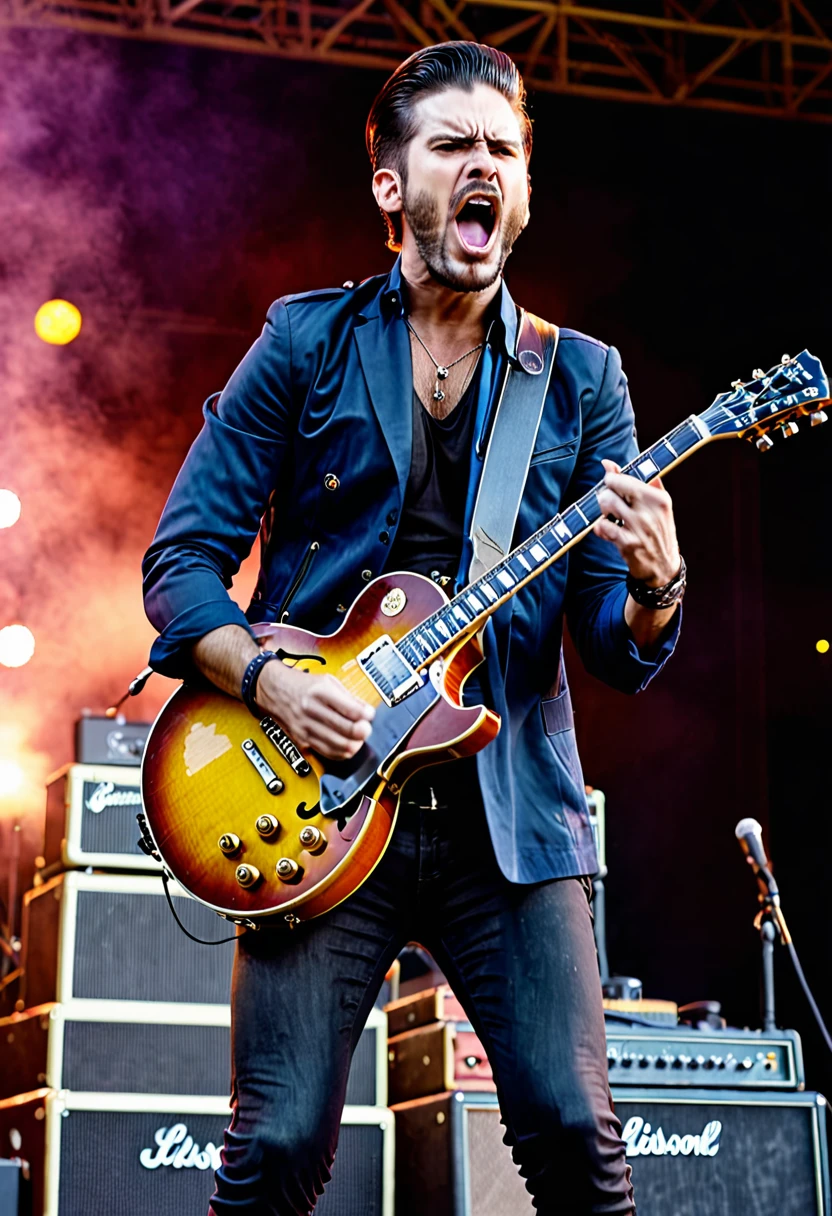 A handsome male On a stage doing a live concert in front of a large audience in a stadium playing gibson lespaul guitar making power stance and singing with an angry facial expression. Face Front Full bodyshot camera angle