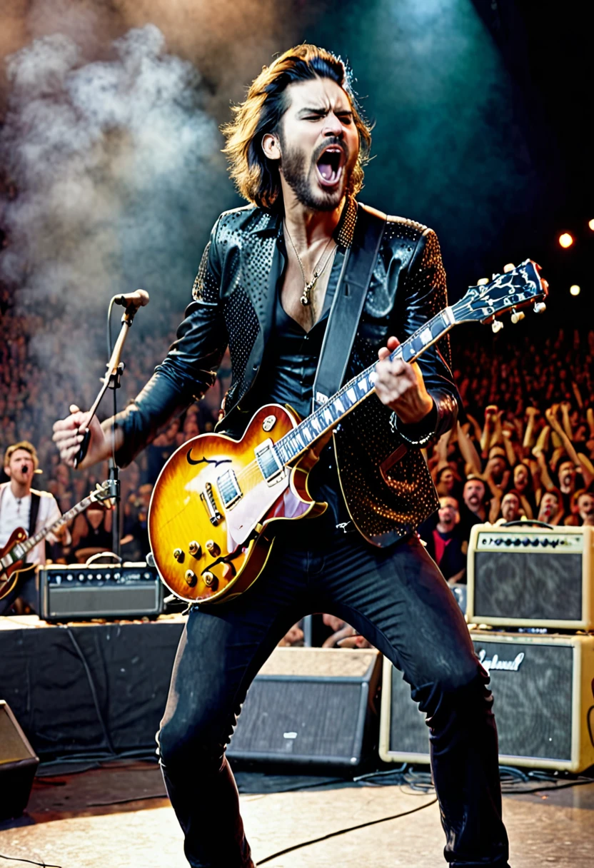 A handsome male On a stage doing a live concert in front of a large audience in a stadium playing gibson lespaul guitar making power stance and singing with an angry facial expression. Face Front Full bodyshot camera angle