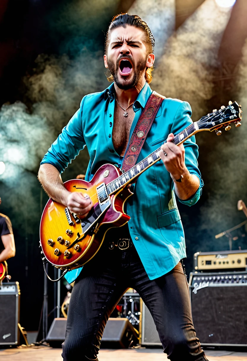 A handsome male On a stage doing a live concert in front of a large audience in a stadium playing gibson lespaul guitar making power stance and singing with an angry facial expression. Face Front Full bodyshot camera angle
