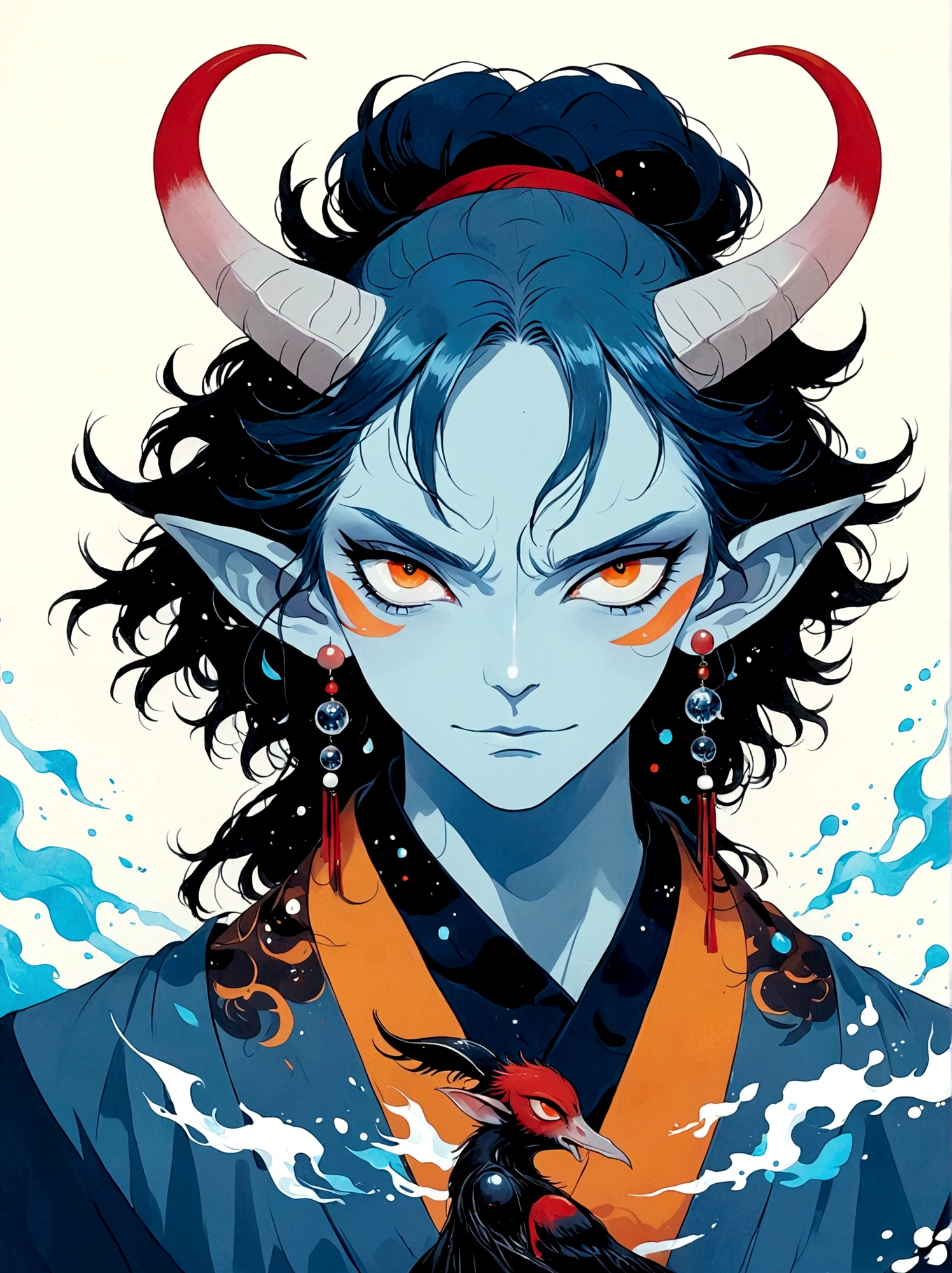 Blue Elf Boy,Horns on the head,symmetry,Orange Eyes,earrings,White hair,Japanese horror style Japanese pop surrealism, author:Yukika Kosaka, Nguyen Gia and Joao Nguyen,