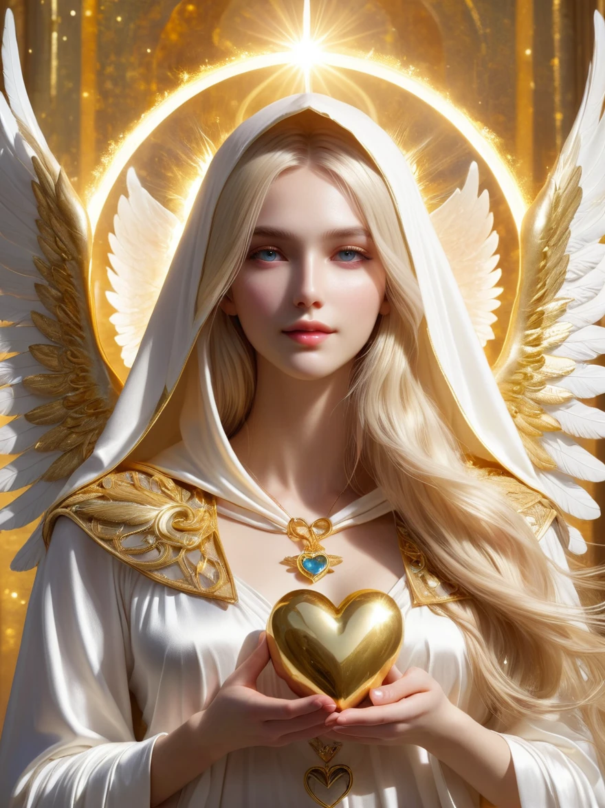 Beautiful sun goddess,Long blonde hair,Wearing a white and gold hood,Wearing a gold-adorned veil、Angel wings growing、Holding a heart-shaped object in front of her chest