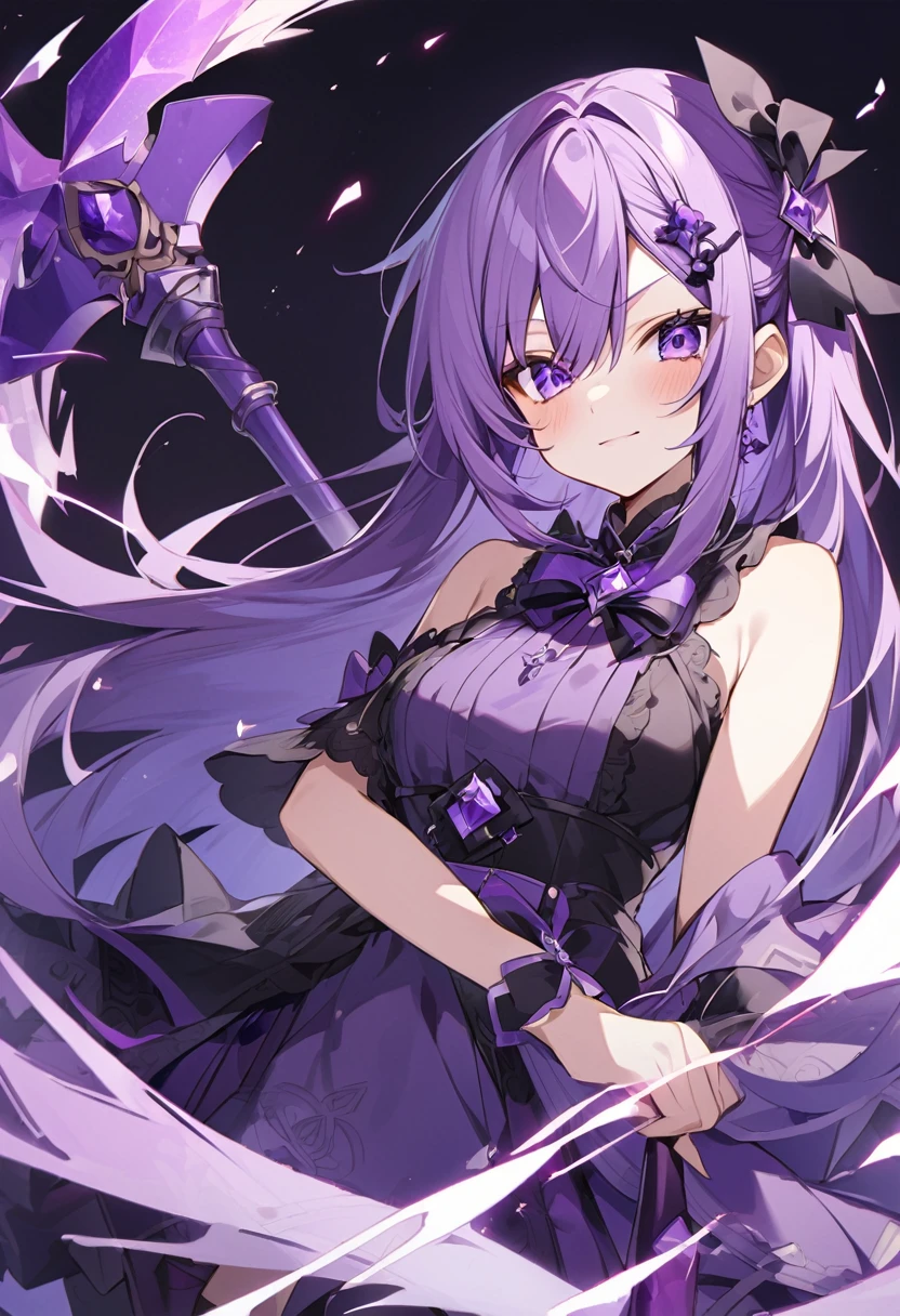 Keito。Purple Eyes。Purple Hair。Purple big axe。Amethyst hair accessory
