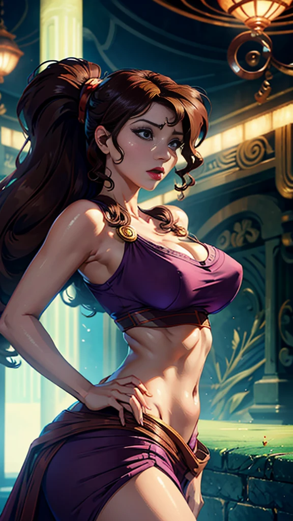 extremely delicate and beautiful, Amazing, finely detail, masterpiece, ultra-detailed, highres,best illustration, best shadow,intricate,sharp focus, high quality, Megara, Megara from Disney, solo, long brown hair, curvy, milf, (giant beasts), sexy body, genshin impact, workout cloths