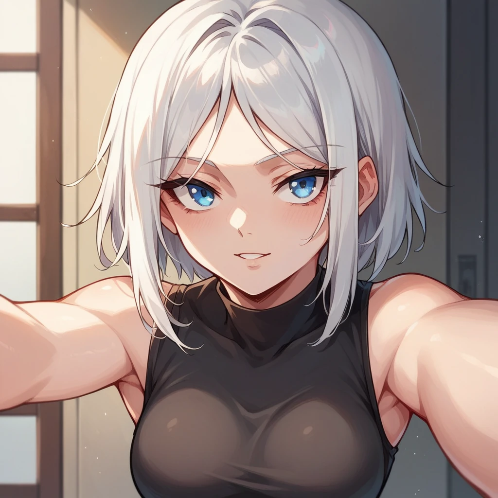 NSFW, white hair, blue eyes, medium straight hair, medium breasts, solo, half-naked, selfie, seductive, KyoAni