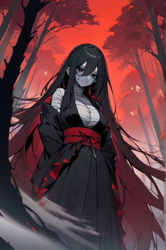 Japanese woman, defined, large breasts, long black hair, deep black eyes, dressed only in bandages except her face, background of living forest with several black bodies in the trees, Lots of fog around, scary faces in the trees, red sky,