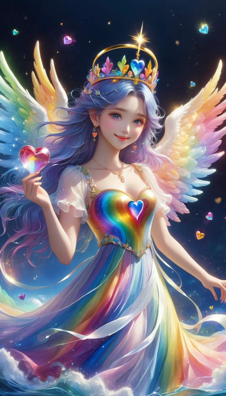 ((masterpiece, 最high quality, high quality, High resolution, Very detailed)),Scooping a glass heart out of the water、Holding a heart dearly、Very smiling、happiness、Upper Body、Wearing a rainbow dress、(Iridescent angel wings:1.5)、All the love is on her side。Shining like crystal、Gold Tiara、Breathtaking beauty、milky way、universe、Beautiful and shiny hair、A rainbow-colored aura surrounds her..、Goddess who sees into the future、Woman in love、Also々Staring at me