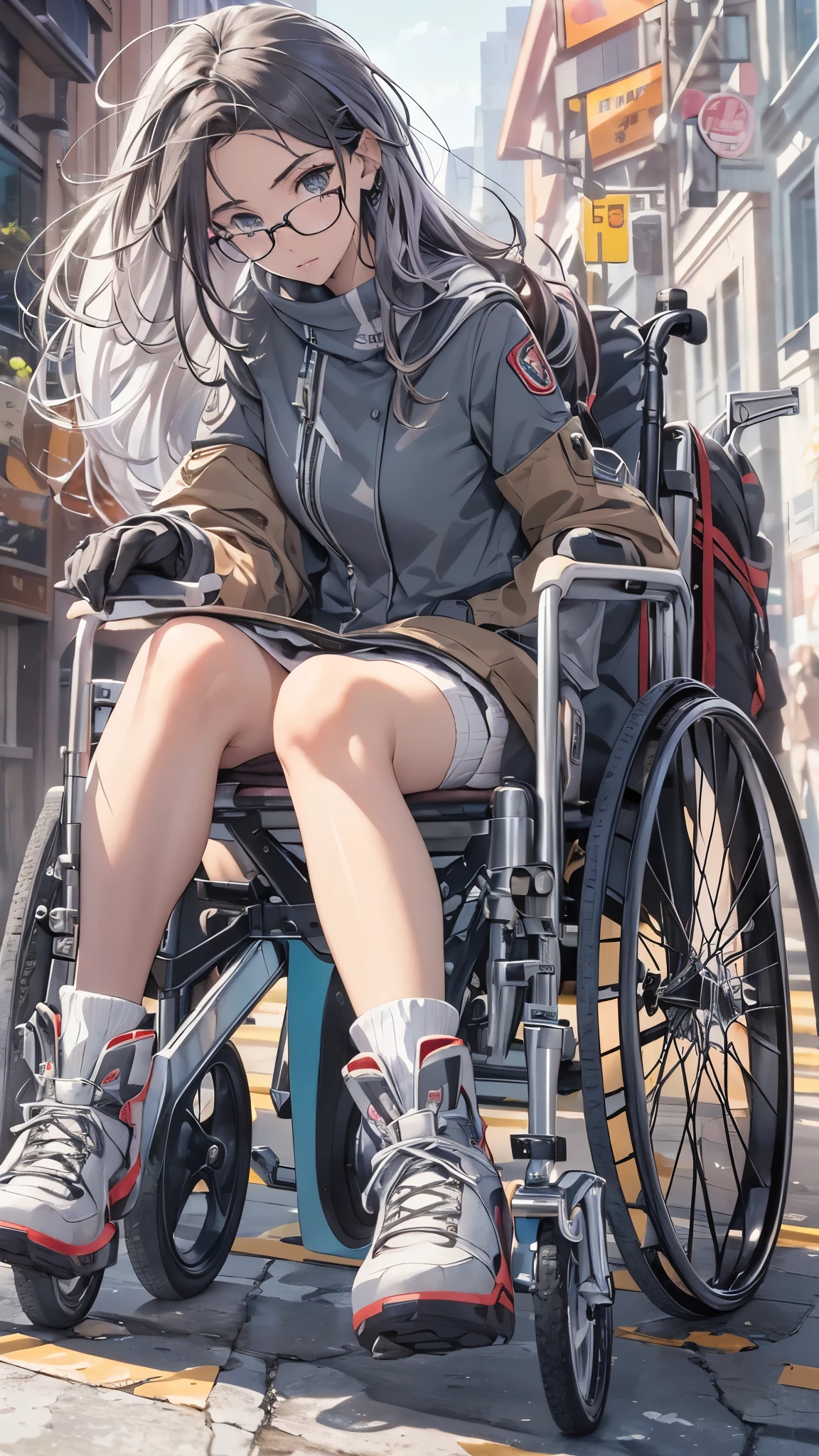 (Very detailed, Realistic), Cityscape, [moderately:Oil], [Professional:1.1], [Physically Based Rendering], [Bright colors], [Sharp focus], [Studio Lighting], [Extreme Detail], [Highest quality,4K,8K,High resolution,masterpiece:1.2],(Detailed face),((inside the street)),((there is many peoples in the street)),((One 18-year-old woman)),(Glasses),(Black unkempt hair),(dark),(it hurts),(Scary),[Nervous eyes],((many peoples are watching her of wheelchair user)),((She walks with crutches,Crutch length from armpit,Crutches are at her side)),((she’s putting on her legs in cast)),((leg braces)),((leg braces)),((she’s wheelchair user)),((Her feet are turned inwards)),(winter clothes ladies fashion,trench coat,tights),((lace-up-long-boots)),(gloves,Knee pads),.