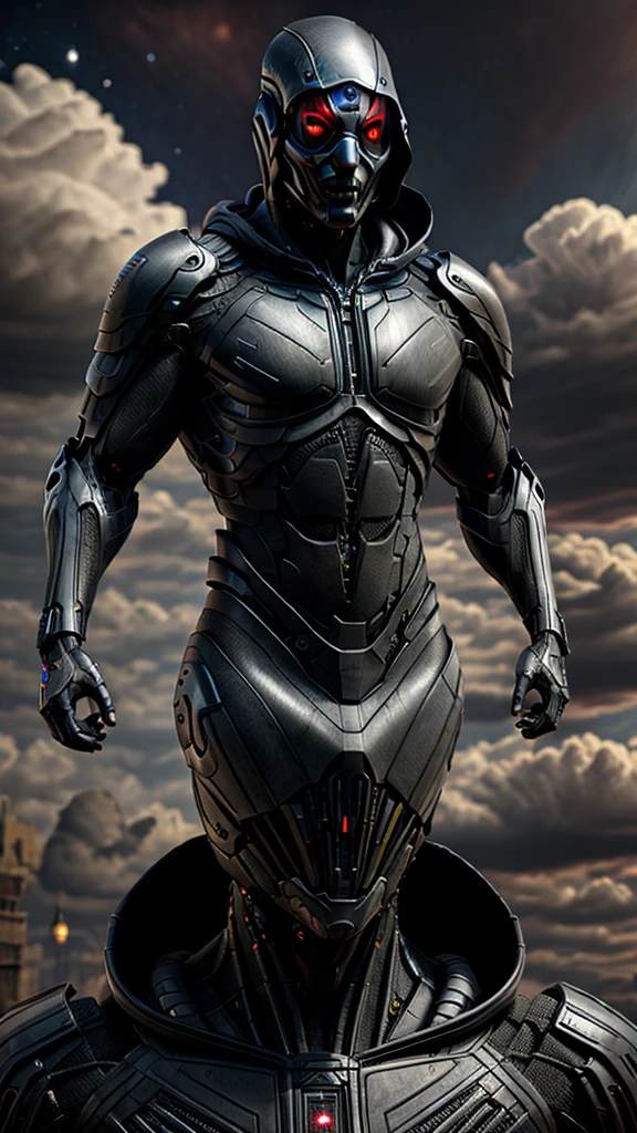 a black and purple hooded cyborg, detailed face with red eyes, black wings, cinematic lighting, dramatic atmosphere, castle background, 8k, full body, all body, masterpiece, front view, space visible in sky, ambient lighting