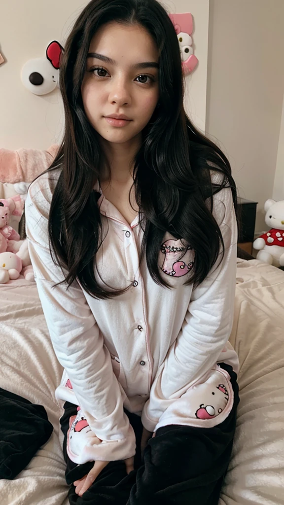 19 year old girl long black hair brown eyes in Hello Kitty pajamas sitting in her room with a stuffed animal